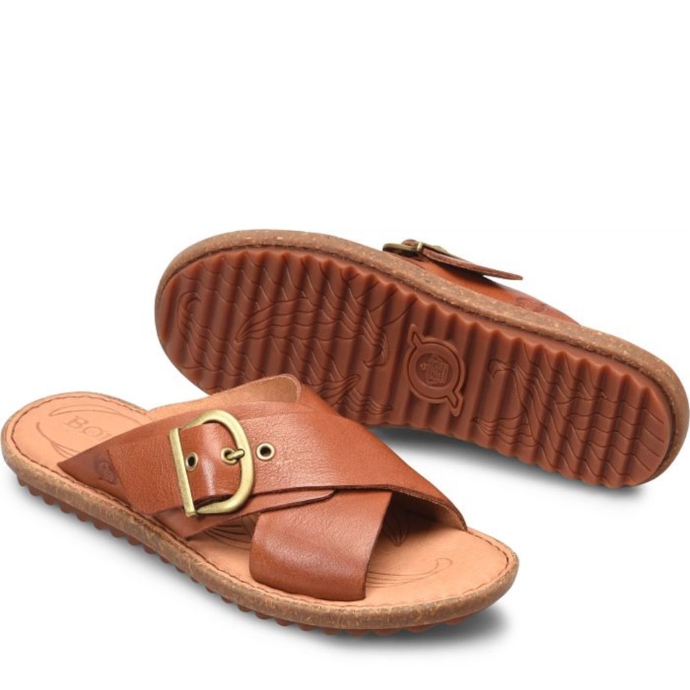 Born Rio Leather Slide Sandals Cognac Brown and gold brass